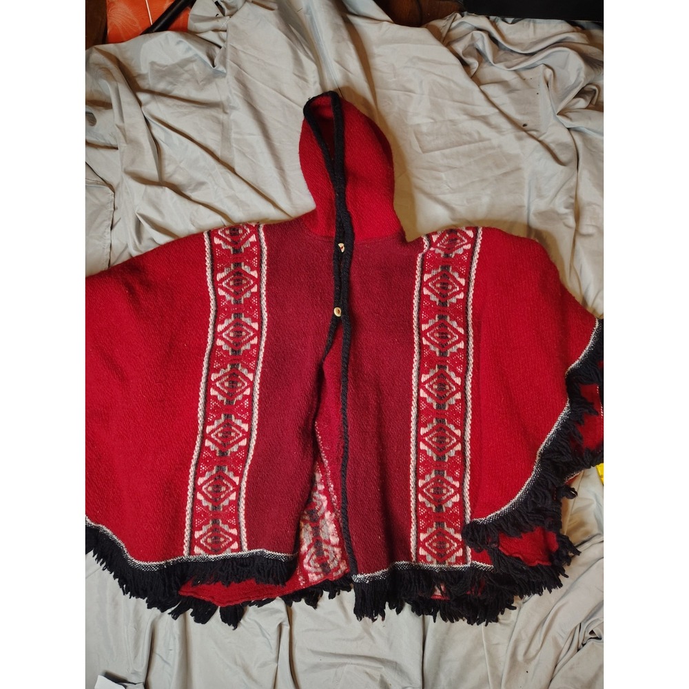 Milmarte Wool Ecuadorian Poncho Fringe Hooded Cape Fair Isle Aztec Red One Size